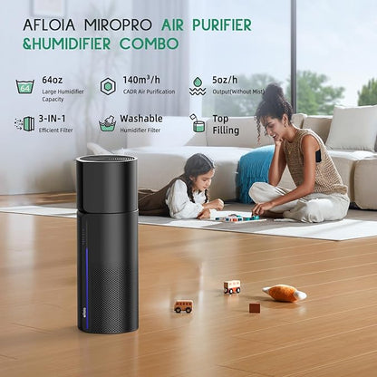 Afloia 2-in-1 Air Purifier and Humidifier Combo, Quiet 3-Stage Filtration for Pet Allergies & Smoke, Auto Shut-Off, 7-Color LED Light, Black