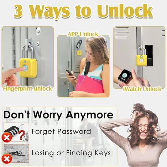 Pothunder Fingerprint Padlock, Smart Padlock, Locker Lock, Fingerprint Lock with APP Unlock, USB Rechargeable, Suitable for Gym Locker, Locker(Lemon Yellow)