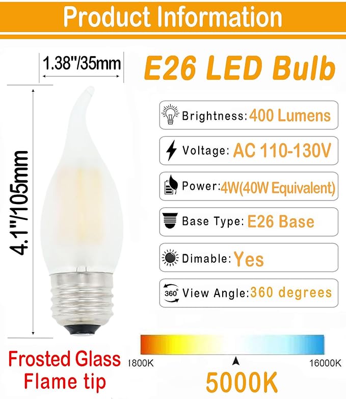 LED Candelabra Bulb 4W Dimmable 40W Equivalent,E26 Base 5000K Daylight White Decorative Chandelier Light Bulbs,Frosted Glass Flame Tip Shape,3-Pack
