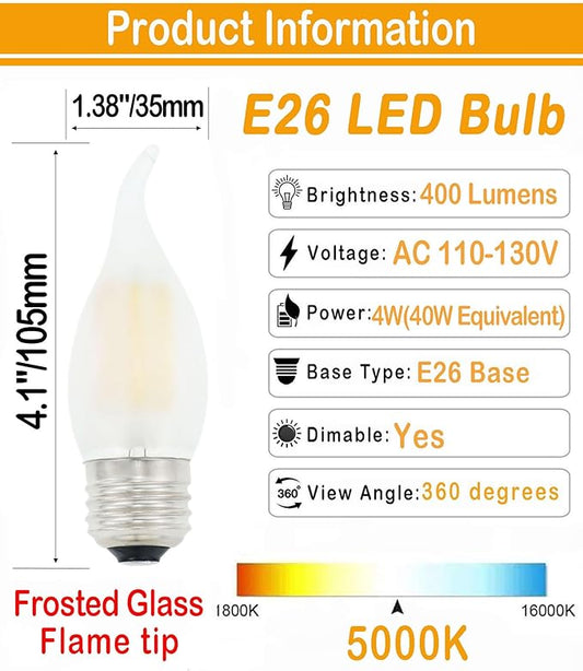 LED Candelabra Bulb 4W Dimmable 40W Equivalent,E26 Base 5000K Daylight White Decorative Chandelier Light Bulbs,Frosted Glass Flame Tip Shape,3-Pack