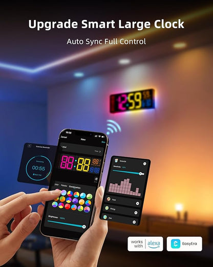 EASYERA Smart Digital Wall Clock App Control, 16.5” Large RGB Clock | DIY Color, LED Display, Auto DST, Plug-In, Music Sync | Classroom Home Gym Gaming
