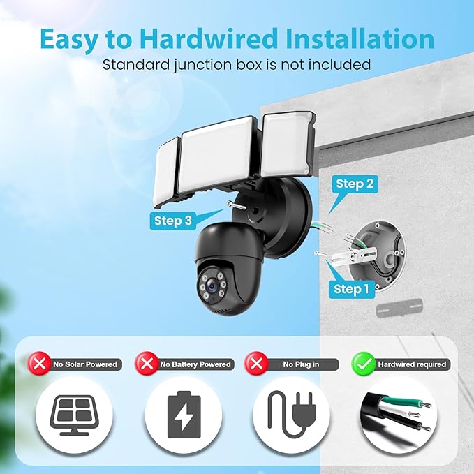 Olafus Floodlight Camera Outdoor，5500LM Motion Sensor Light with Camera，2K HD Home Security Light Wired，Color Night Vision，Two-Way Audio，7/24 Record，Compatible with Alexa/Google (Black)