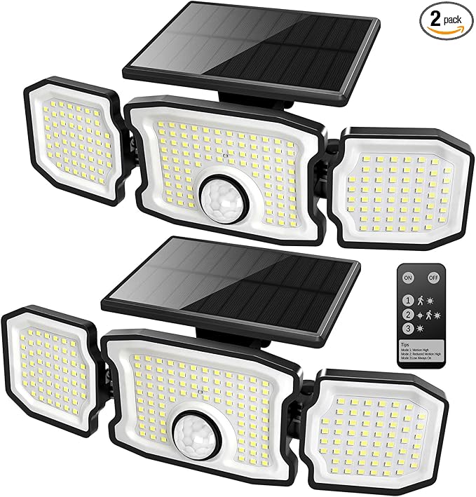 Solar Flood Lights Outdoor- 2800LM 200LED Solar Motion Sensor Lights, 3 Heads & 3 Modes Flood Lights, 270° Wide Angle Solar Powered Security Lights for Yard, Garage(2 Pack)