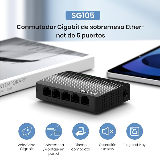 Tenda 5 Port Gigabit Ethernet Switch, Desktop Ethernet Splitter, Unmanaged Network Switch Hub for Office/Home, Plug & Play, Wall-Mount, Fanless Quiet, Plastic Case, SG105