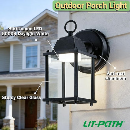 LIT-PaTH Outdoor LED Wall Lantern, Wall Sconce as Porch Lighting Fixture, 5000K Daylight White, 9.5W 800 Lumen, Aluminum Housing Plus Glass, Black Finish, 1-Pack