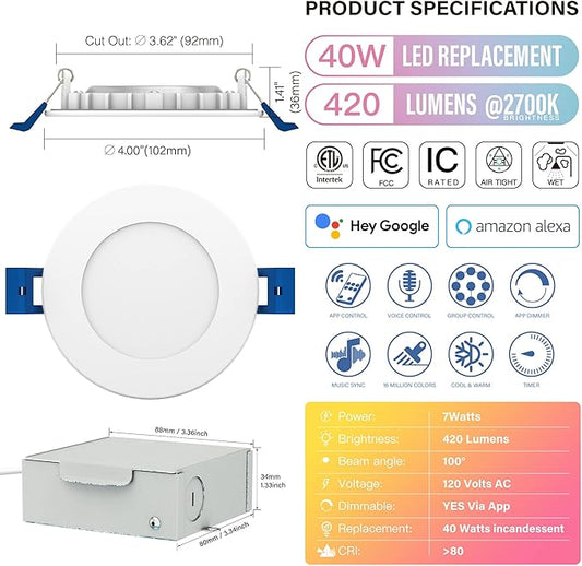 3" LED Recessed Canless Smart Wafer Downlight, WiFi APP & Voice Control, 120VAC, 7W, 420LM, RGB + 2700K-6000K, ETL & FCC & IC, Wet Rated, Compatible with Alexa/Google Home, White - 4 Packs