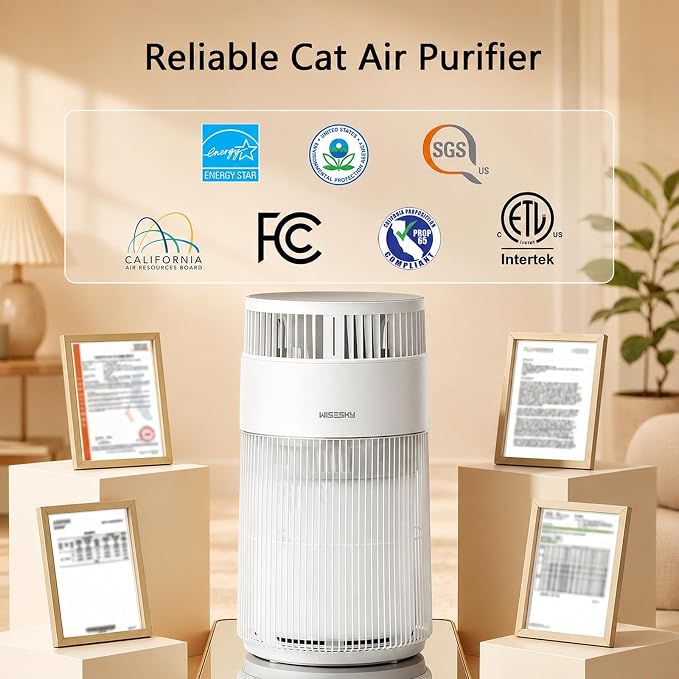 WISESKY Cat Air Purifier for Large Rooms, 5-Stage HEPA Air Cleaner for Cat Hair, Dander & Odors, 360° Air Intake, Quiet Operation, Bite-Resistant Cord & Tip-Over Protection, Smart App Control