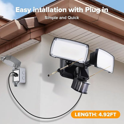 LUTEC 2 Pack 21W Black Plug in Motion Sensor Light Outdoor, Flood Lights Outdoor Motion Sensor,2500LM, 5000K Daylight,IP65 Waterproof,Adjustable 2 Heads Wall Light for Garage, Porch, Yard