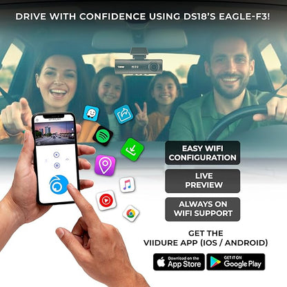 DS18 Eagle-F3 4K Dash Cam Triple Front Cabin and Rear, WiFi GPS Dash Cam with Night Vision, 24/7 Parking Mode, G-Sensor, Loop Recording, Includes 64GB microSD Card