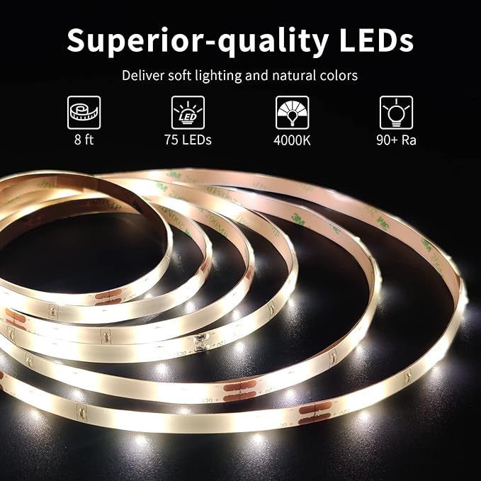 LED Strip Lights, 8ft LED Light Strip, 12V 4000K Neutral White Tape Light with PU Coating, LED Lights for Bedroom, Kitchen, Mirror, Home Decor, ETL Listed