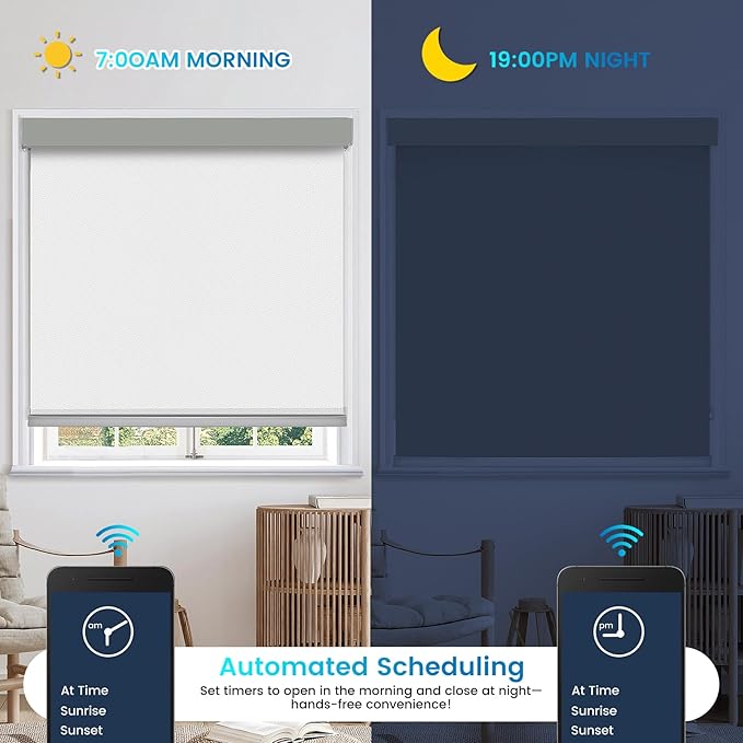 Motorized 100% Blackout Roller Shades – Custom Smart Blinds with Remote Control, Rechargeable Battery or Plug-in Motor, Tuya WiFi Optional, Home & Office Automatic Window Shades (Ash White/CH9391)