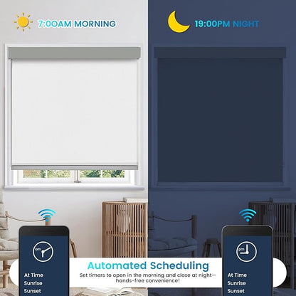 Motorized 100% Blackout Roller Shades – Custom Smart Blinds with Remote Control, Rechargeable Battery or Plug-in Motor, Tuya WiFi Optional, Home & Office Automatic Window Shades (Ash White/CH9391)