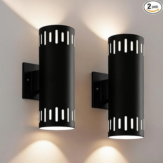 Modern Outdoor Wall Lights 2 Packs, 12'' Up and Down LED Cylinder Wall Mount Fixture, 23W 3000K Warm White IP65 Waterproof Exterior Wall Sconces for Porch, House, Garage, Patio, Black