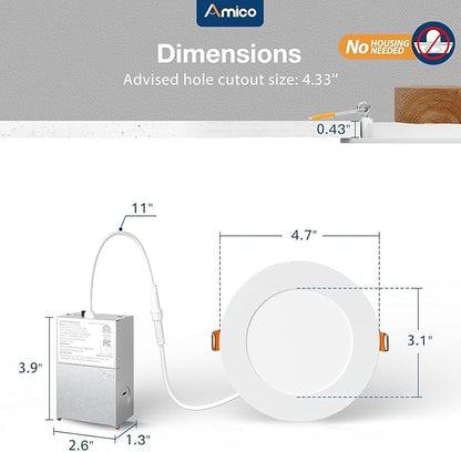 Amico 48 Pack 4 Inch 5CCT Ultra-Thin LED Recessed Dimmable Ceiling Light with Junction Box, 2700K/3000K/3500K/4000K/5000K Selectable, 10W Eqv 60W, 800 Lumens, High Brightness Downlight - ETL&FCC