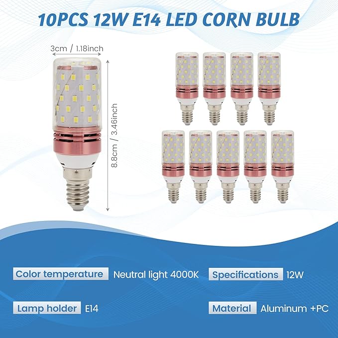10Pcs E14 LED Corn Bulb 12W Corn Bulb Replace Lamps Small Screw-in Smart Efficient Bulb Neutral Light