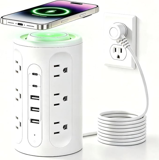 Power Strip Tower with USB Ports, 6.5 FT Extension Cord with Multiple Outlets (12AC+3A+2C) for Home Office Desk College Dorm Room Supplies