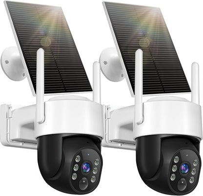 Chpuss Solar Security Camera Wireless Outdoor, 2K HD Surveillance Solar Powered WiFi Camera, Color Night Vision, PIR Detection, 360° View, 2-Way Talk, Spotlight Siren Alarm (Black & White - 2PACK)