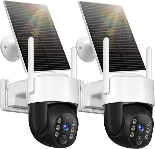 Chpuss Solar Security Camera Wireless Outdoor, 2K HD Surveillance Solar Powered WiFi Camera, Color Night Vision, PIR Detection, 360° View, 2-Way Talk, Spotlight Siren Alarm (Black & White - 2PACK)