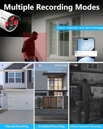 (2026 Update) Wireless WiFi Outdoor Security Camera System, IP67 Waterproof Dual Antenna Cameras, Audio Recording, Night Vision, No Monthly Fee, Home NVR System