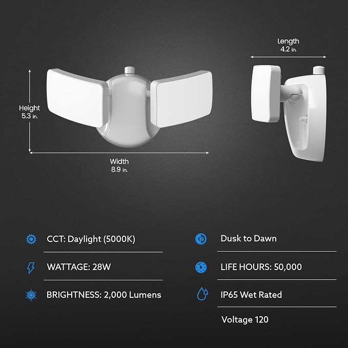 Feit Electric 28W Dusk to Dawn Dual Head Outdoor LED Security Flood Light, 2000 Lumens, 5000K Daylight, Adjustable Heads, Waterproof, Hardwired, 50,000-Hour Lifetime, S9DFL/850/DD/WH