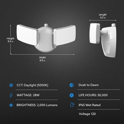 Feit Electric 28W Dusk to Dawn Dual Head Outdoor LED Security Flood Light, 2000 Lumens, 5000K Daylight, Adjustable Heads, Waterproof, Hardwired, 50,000-Hour Lifetime, S9DFL/850/DD/WH