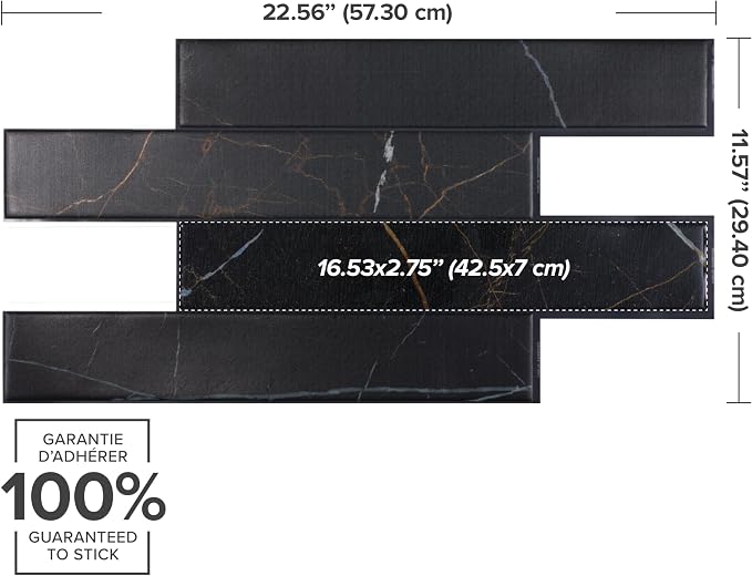 Smart Tiles Peel and Stick backsplash, Subway Marquina Black, 22.56"x11.57" | Pack of 5 (6.8 sq ft), Matte & Glossy, Heat/Moisture Resistant, Low VOC, Kitchen/Bathroom, Renter Friendly, Made in Canada