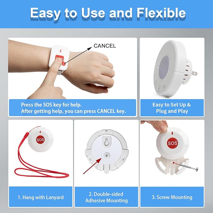 Caregiver Pager Alert Button for Seniors at Home Medical Alert That Calls Family for Home / Elderly / Patient / Disabled 3 Plugin Receiver + 4 Emergency Button for Elderly