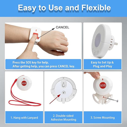 Caregiver Pager Alert Button for Seniors at Home Medical Alert That Calls Family for Home / Elderly / Patient / Disabled 3 Plugin Receiver + 4 Emergency Button for Elderly