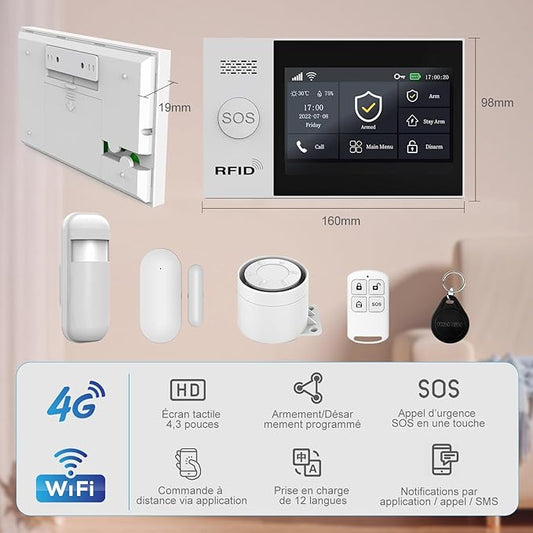 WiFi Wireless Alarm System for Home Security - 24/7 Protection Smart Home Devices 4.3" Touch Screen, GSM/4G+WiFi, App Instant Alerts, No Monthly Fee, Alexa Compatible for Villa, Kids Safety (13 pcs)
