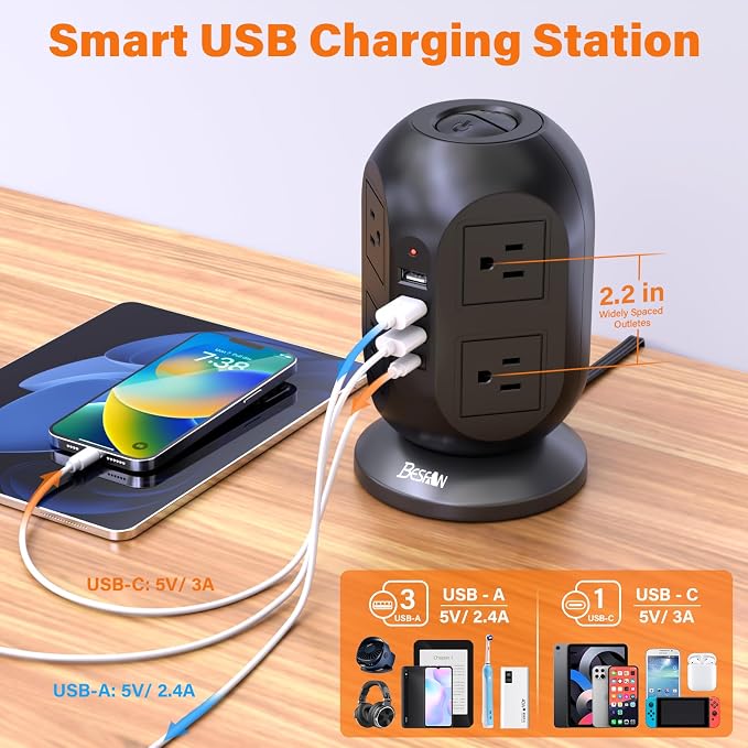Surge Protector Power Strip Tower with 8 AC Outlets 4 USB Ports (1 USB C), 10 ft Flat Extension Cord with Multiple Outlets Charging Station for Dorm Home Office Essentials, Black