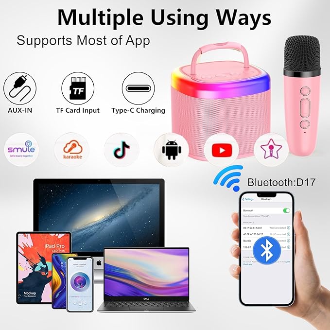 HWWR Karaoke Machine for Adults Kids, Mini Karaoke Machine with 2 Wireless Microphones, Portable Singing Speaker for Home Party, Kids Holiday Birthday Gifts, Music for Girls Boys All Age 3-12+