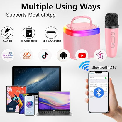 HWWR Karaoke Machine for Adults Kids, Mini Karaoke Machine with 2 Wireless Microphones, Portable Singing Speaker for Home Party, Kids Holiday Birthday Gifts, Music for Girls Boys All Age 3-12+