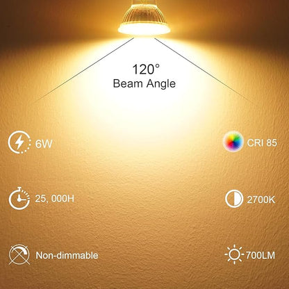 DiCUNO GU10 LED Light Bulbs, 6W 60W Halogen Replacement, Warm White 2700K, 700lm, Full Glass Cover 120 Degree Beam Angle, 120V, MR16 GU10 LED Non-dimmable, Spotlight Track Lighting, 6-Pack