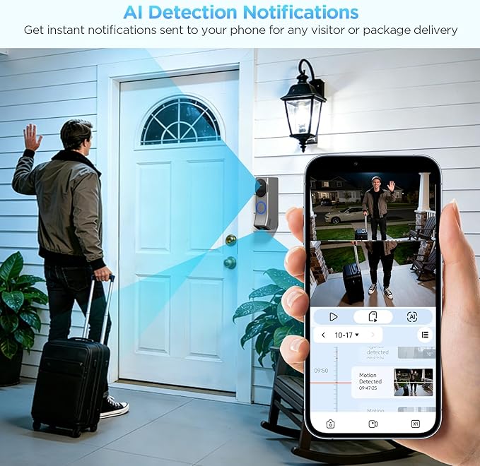 Wireless Battery Video Doorbell Dual Camera 1080P with Chime, 1080P HD, Wireless Battery-Powered & 2,4G Wi-Fi, IR Night Vision, Two Way Audio, AI Motion Detection, Local/Cloud Storage