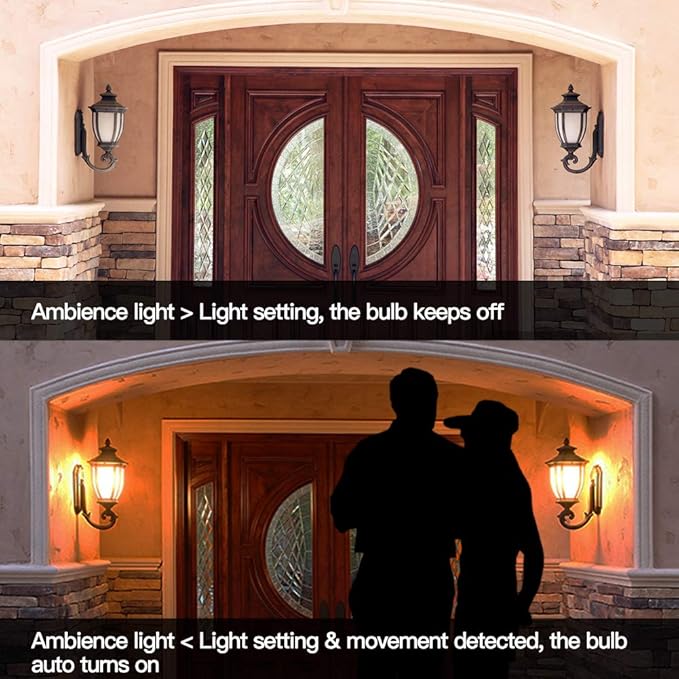 Motion Sensor Light Bulb with Dusk to Dawn, E26 Base, 7W LED(60W Equivalent), Warm White(3000K), Motion Sensitivity, Time and Twilight Setting Adjustable, 2-Pack