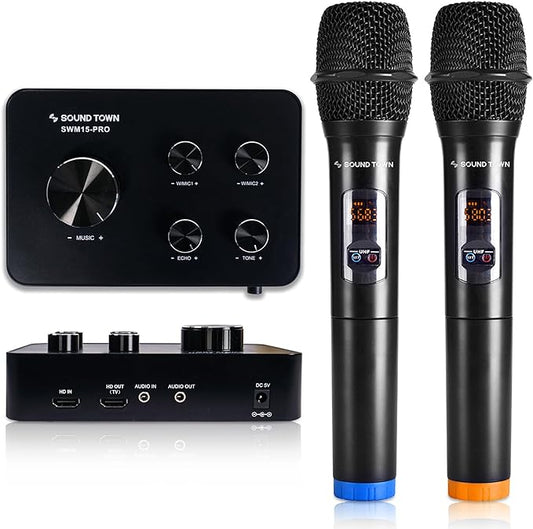 Sound Town Wireless Microphone Karaoke Mixer System with HD Audio Return Channel, Optical, AUX, Bluetooth - Supports Smart TV, Media Box, Sound Bar (SWM15-PRO)