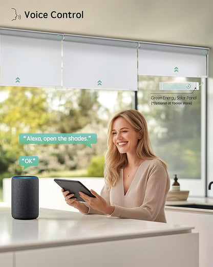 Yoolax Motorized Blinds with Remote, 100% Blackout Smart Roller Shades Work with Alexa, Google, Apple Homekit, Custom Automatic Shades with Voice Control for Bedroom Office (Fabric Grayish White)