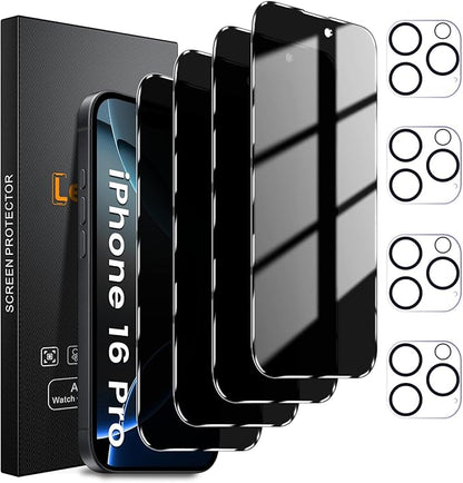 Lesakit 4+4 Pack Privacy Screen Protector for iPhone 16 Pro 6.3-Inch with 4 Pack Camera Lens Protector, Anti Spy Tempered Glass Film 9H Hardness Case Friendly