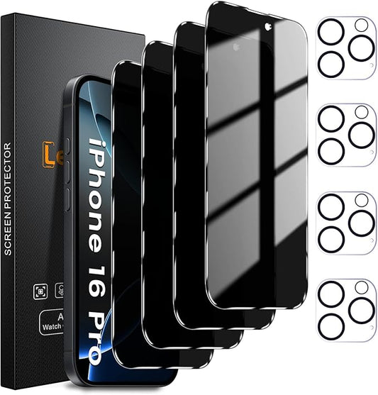 Lesakit 4+4 Pack Privacy Screen Protector for iPhone 16 Pro 6.3-Inch with 4 Pack Camera Lens Protector, Anti Spy Tempered Glass Film 9H Hardness Case Friendly