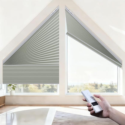 Godark Smart Angled Customized Blackout Honeycomb Blinds Suitable for Trapezoidal/Triangular/Polygonal Windows Motorized Cellular Shades Compatible with Alexa/Google Home/Tuya APP-Grey Green