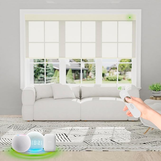 Motorized Blinds with Remote [Light Filtering] Smart Blinds Compatible with Alexa Google HomeKit, 50% Blackout Automatic Roller Shades for Indoor Windows, Customized Size, Mist Chalky White