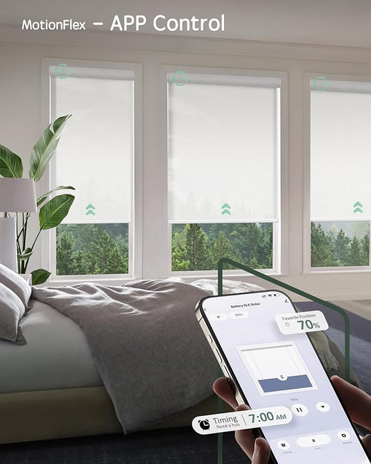 Yoolax Motorized Shades Dual Control, MotionFlex Motorized Solar Shades with App & Manual Control, Fireproof Waterproof Automatic Blinds for Indoor Windows, Custom Size (1% Openness White)