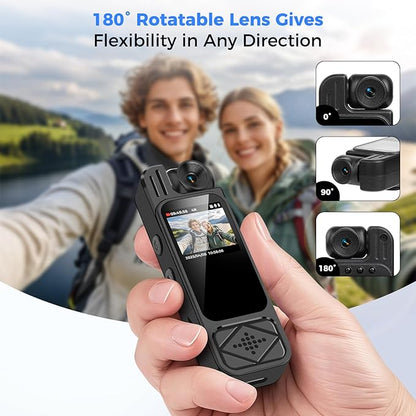 4K Body Camera with Audio and Video Recording: 128GB WiFi Body Cam with 180° Rotating Lens, Night Vision 7Hr Battery Bodycam, Wearable Pocket Camera Camcorder (128GB)