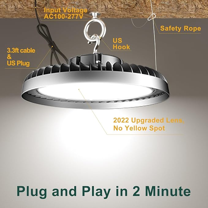 500W LED High Bay Light AC100-277V High Bay LED Light 5000K 75000LM UFO LED Lights with US Plug Suit for 30-60FT Height-𝟓𝐘𝐫𝐬 𝐖𝐚𝐫𝐫𝐚𝐧𝐭𝐲-3Pack