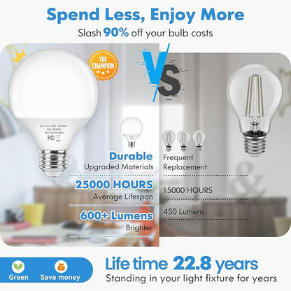 Brightever G25 LED Globe Light Bulbs 60W Equivalent, 5000K Daylight White LED Vanity Light Bulbs with E26 Standard Base for Bathroom, 5W Round Light Bulb for Vanity Mirror, 600LM, 4-Pack, Non-Dimmable