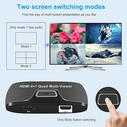 Quad Multi HDMI Viewer 4 in 1 Out HDMI Switcher 4 Ports Seamless Switcher Support 1080P for PS4/PC/DVD/Security Camera, Switch Output 2 Modes