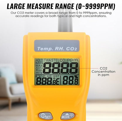 CO2 Meter Handheld CO2 Detector, 0-9999ppm Digital CO2 Monitor Temperature and Humidity Meter Carbon Dioxide Detector with NDIR Sensor Buzzer Alarm and Clibration Function for Home Grow Room