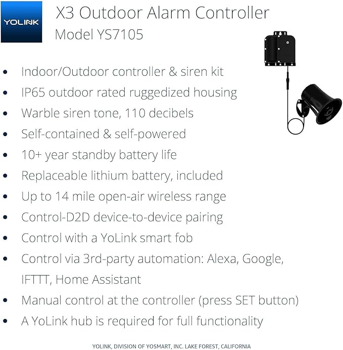 YoLink X3 Version Outdoor Alarm Controller and SirenFob Kit, Ruggedized Battery-Powered Siren/Alarm/Relay Controller, Up to 1/4 Mile Range, 110dB Siren, Alexa, Google, IFTTT, Hub Included