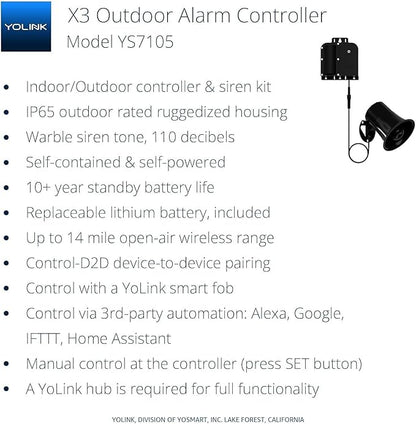 YoLink X3 Version Outdoor Alarm Controller and SirenFob Kit, Ruggedized Battery-Powered Siren/Alarm/Relay Controller, Up to 1/4 Mile Range, 110dB Siren, Alexa, Google, IFTTT, Hub Included