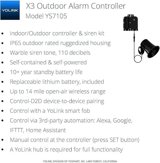 YoLink X3 Version Outdoor Alarm Controller and SirenFob Kit, Ruggedized Battery-Powered Siren/Alarm/Relay Controller, Up to 1/4 Mile Range, 110dB Siren, Alexa, Google, IFTTT, Hub Included